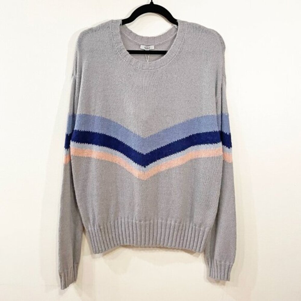 Rails Light Gray Crewneck Sweater with Blue and Peach Chevron Stripes